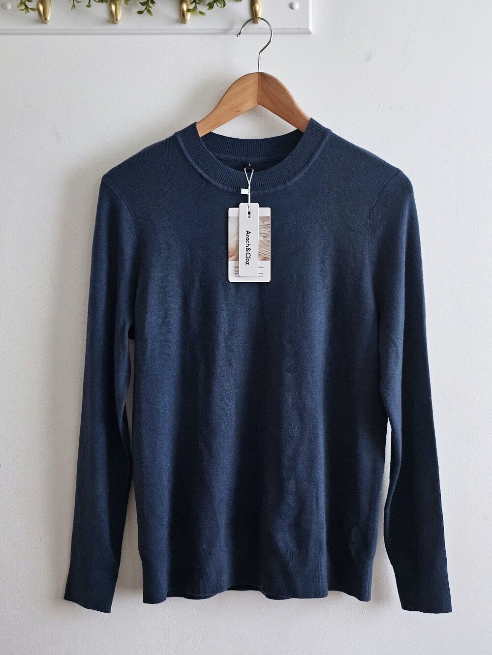 Arach & Cloz Wool Blend Crew Neck Sweater Navy Blue Long Sleeve Knit Pullover L